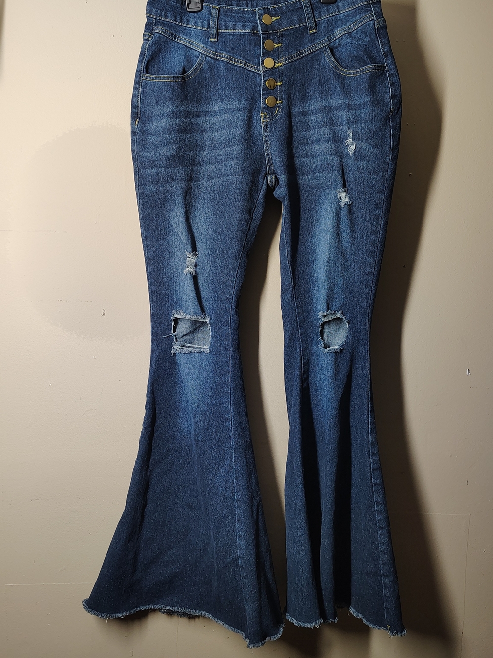 High-Rise Distressed Flare Jeans — Dark Blue